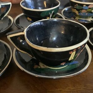 Vintage 1940s Mexican black Tlaquepaque. 8 teacups/saucer .unique.hand painted